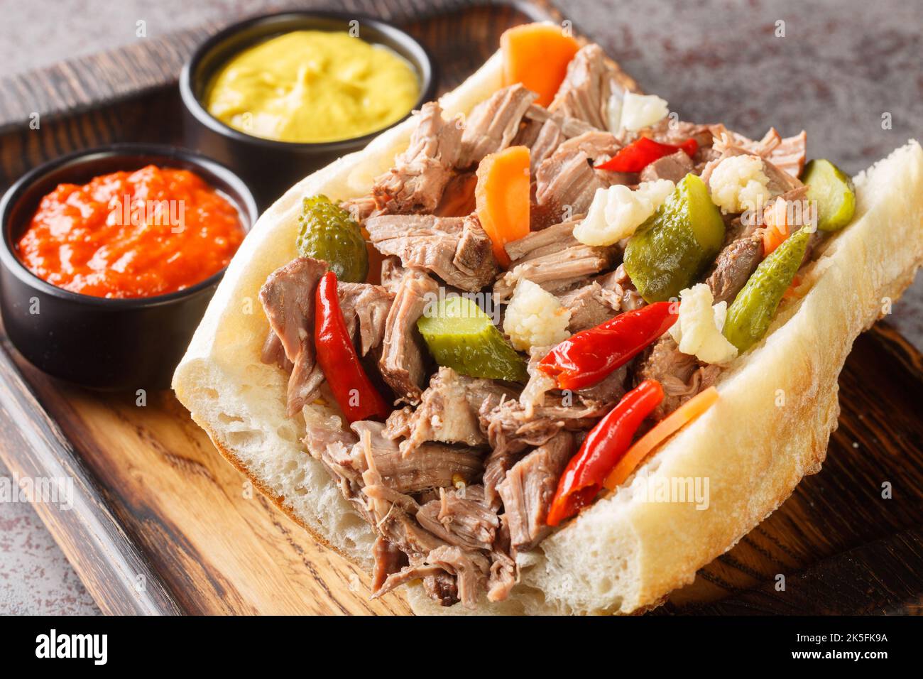 Homemade Chicago Italian Beef Sandwich with Giardanarra closeup on the