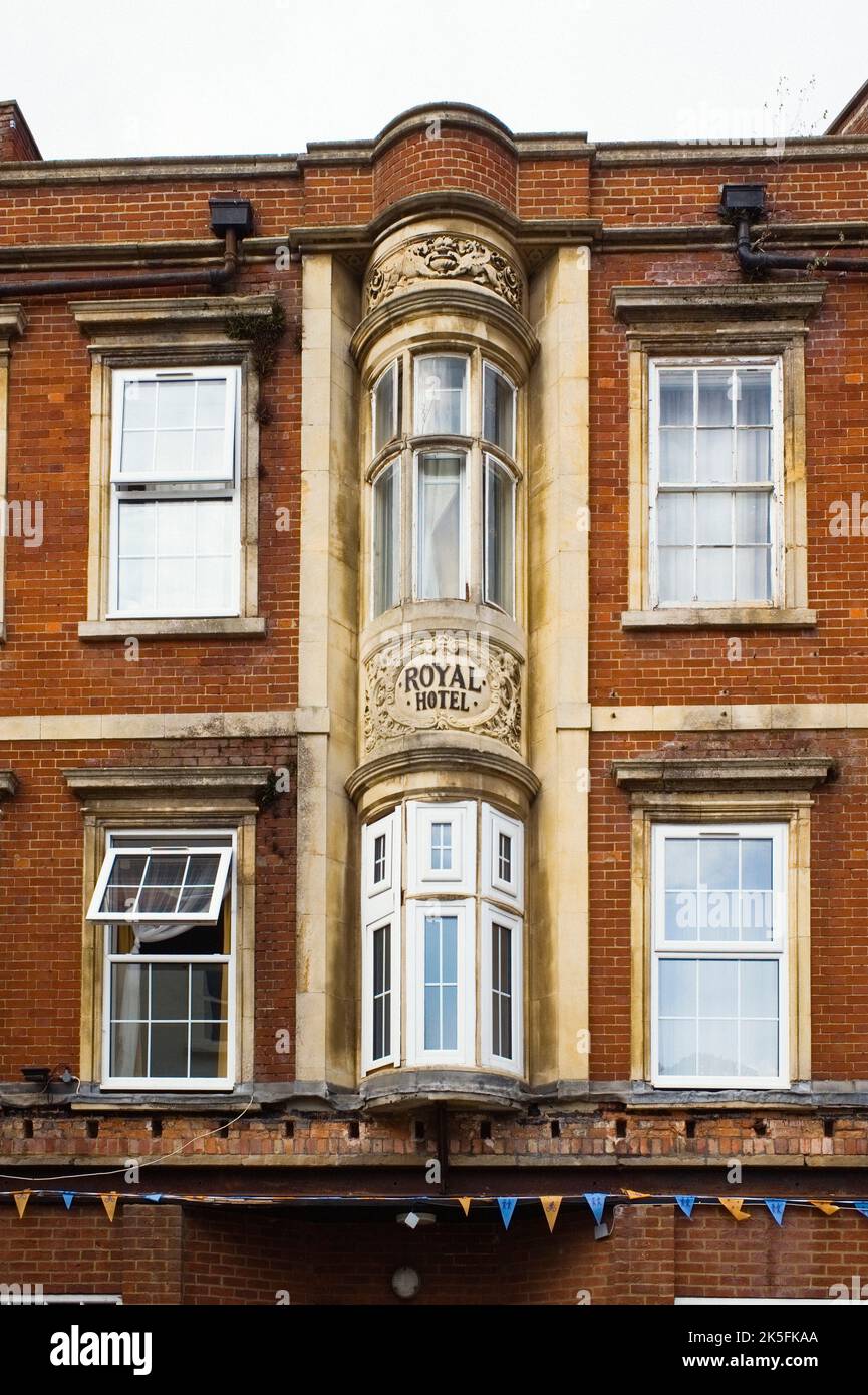 Upvc window replacement on the Royal Hotel at Kettering that are out of scale with the building Stock Photo