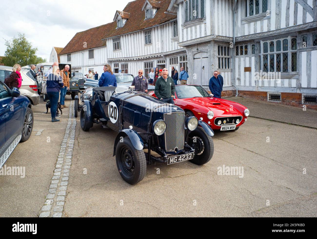 Vintage car rally outside the Guildhall building in Lavenham, Suffolk