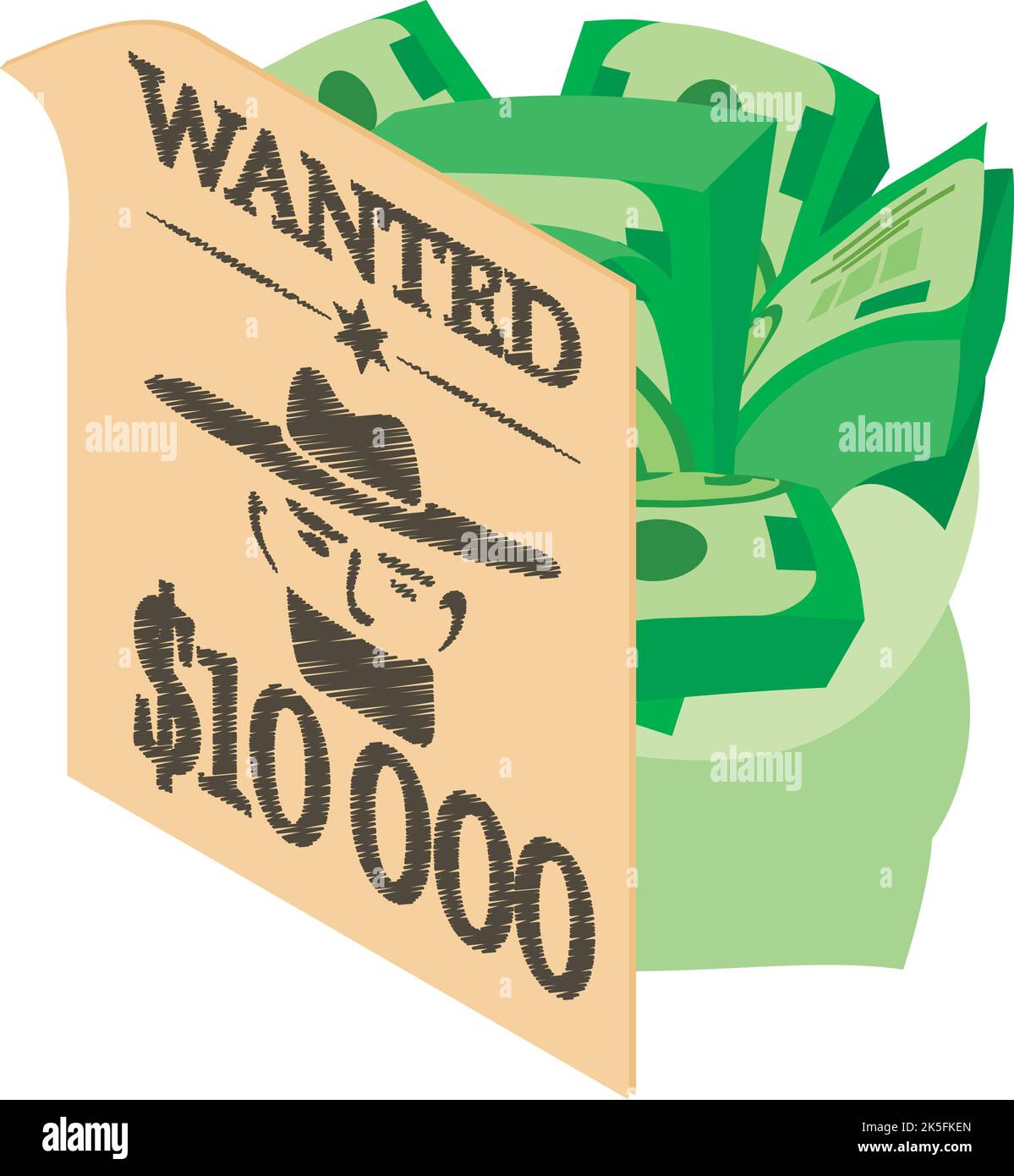 Wild west icon isometric vector. Wanted poster and big bag of dollar bill icon. Texas wild west, western Stock Vector
