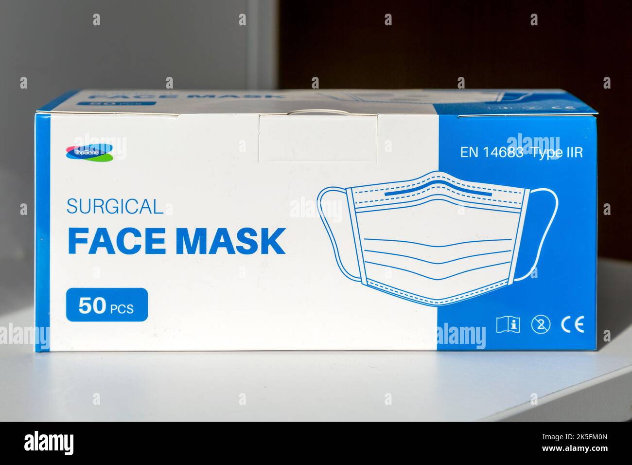 Box containing surgical face masks, England, UK TopGene brand Stock