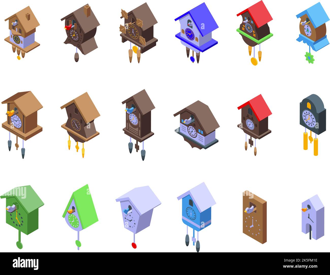 Cuckoo Clock icons set isometric vector. Hour clock. Alarm wall Stock Vector