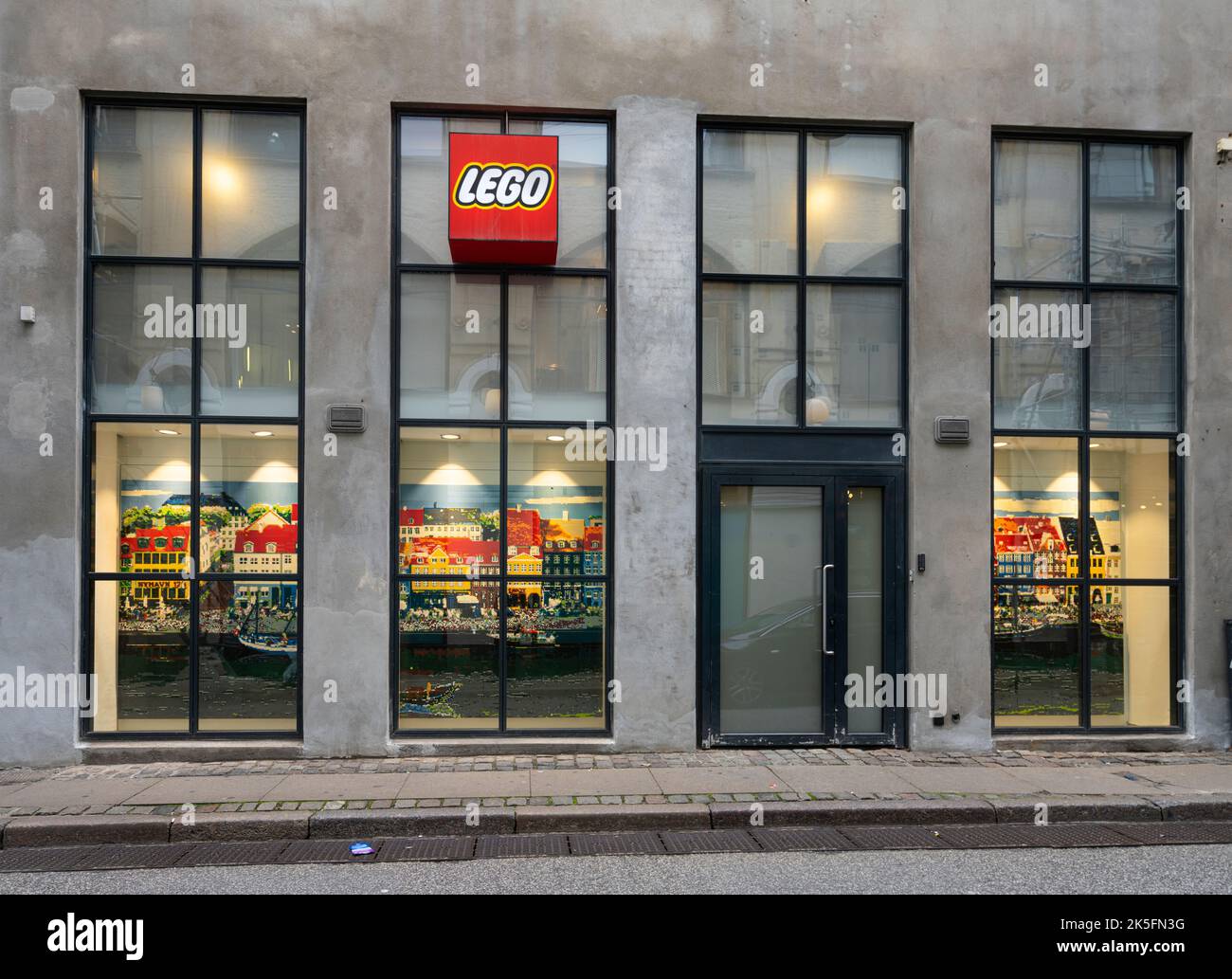 Copenhagen, Denmark. October 2022. External view of the Lego brand store by night in the city center Stock Photo