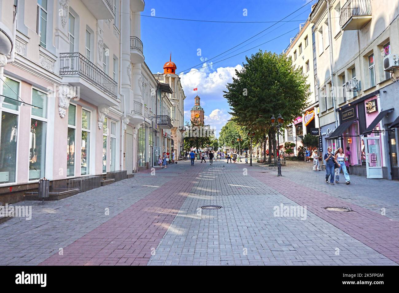 Vinnytsia, Ukraine - August 06, 2022: View of Mykola Ovodov Street and old water tower square, now museum in Historical center of the city Stock Photo