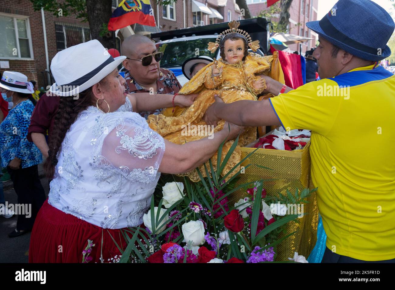 Worshippers from the Santa Helena Catholic Church in the Bronx prepare their float of St. Elena for the Ecuadorian Parade NYC 2022 in Jackson Heights, Stock Photo