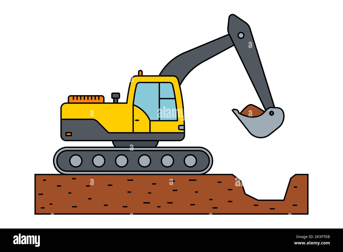 excavator with bucket digs a hole for construction work. flat vector
