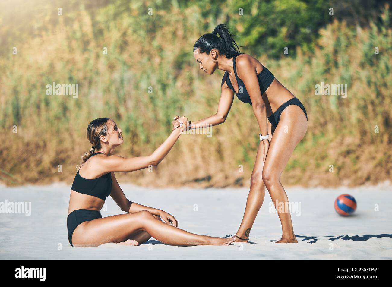 Volleyball teamwork, women support on beach sports in Brazil summer fitness...