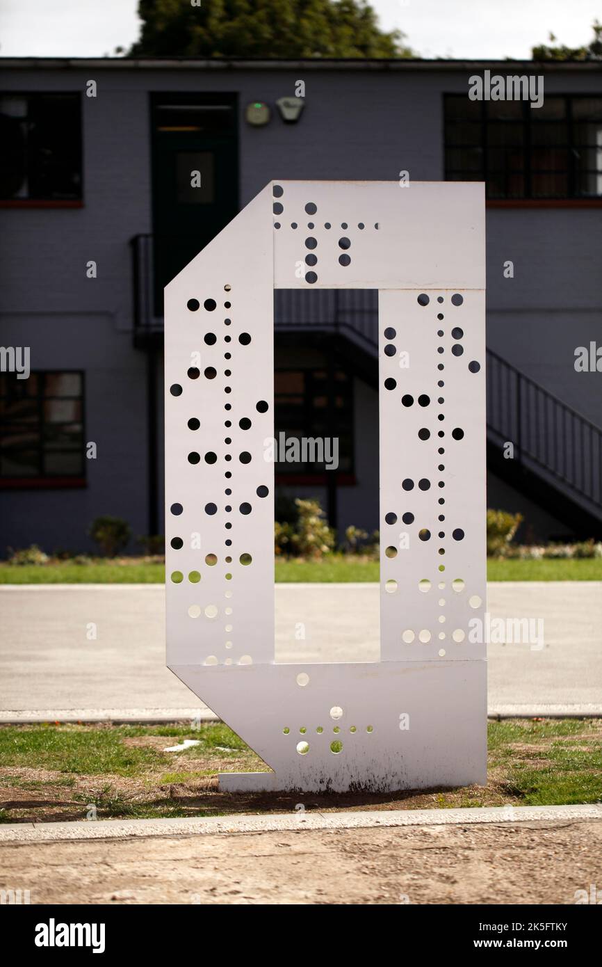 D Day monument at Bletchley Park, in the form of a punch card. Stock Photo