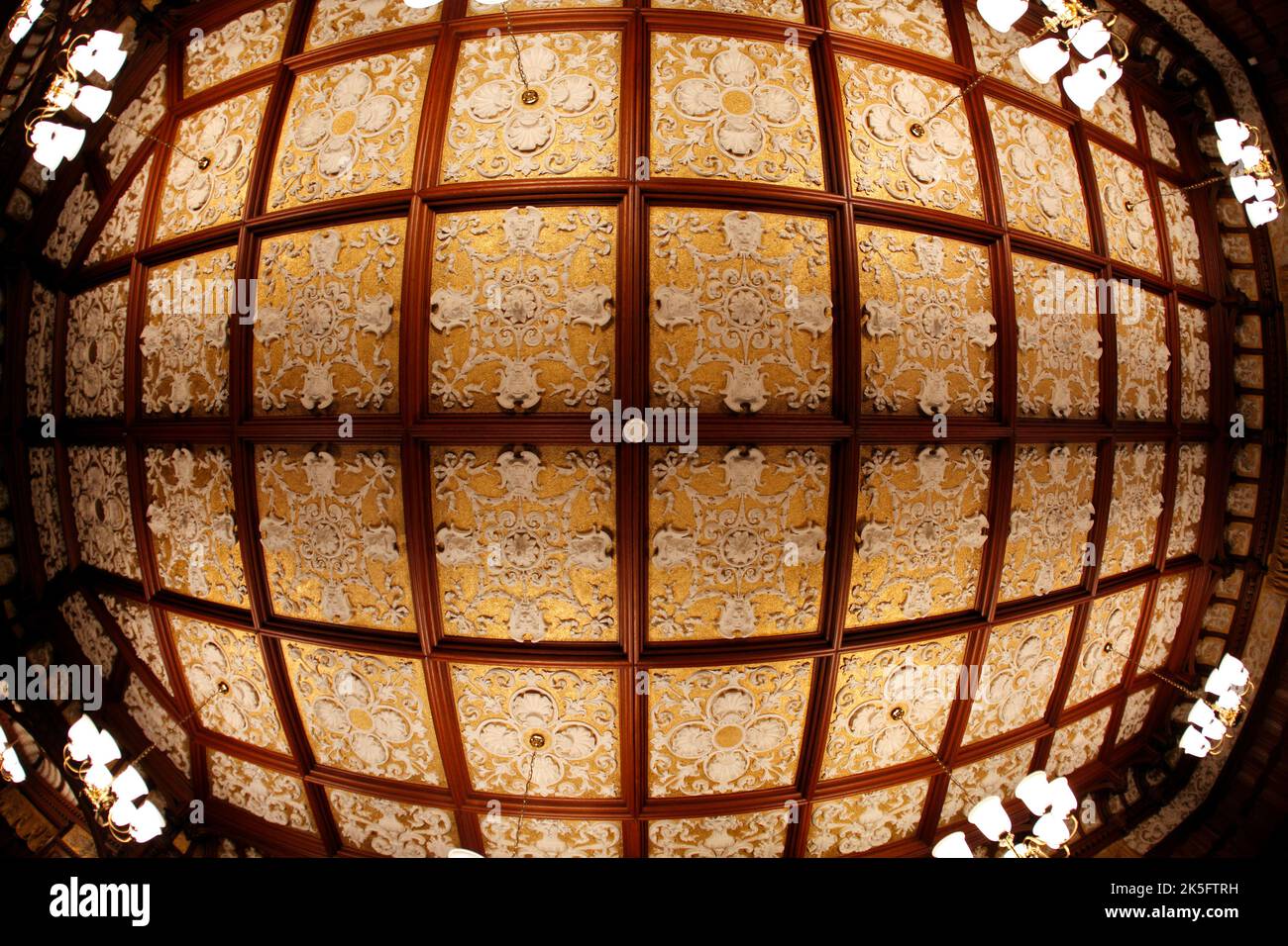 Ornate decorative plaster work ceiling in the Ballroom at Bletchley Park. Home to MI6 and the codebreakers in WWII. Stock Photo