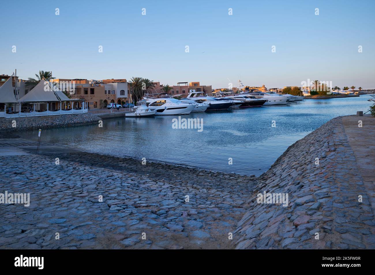 Abu Tig Marina in El Gouna, Hurghada, Red Sea Governorate, Egypt sunset view showing luxury yachts. Stock Photo