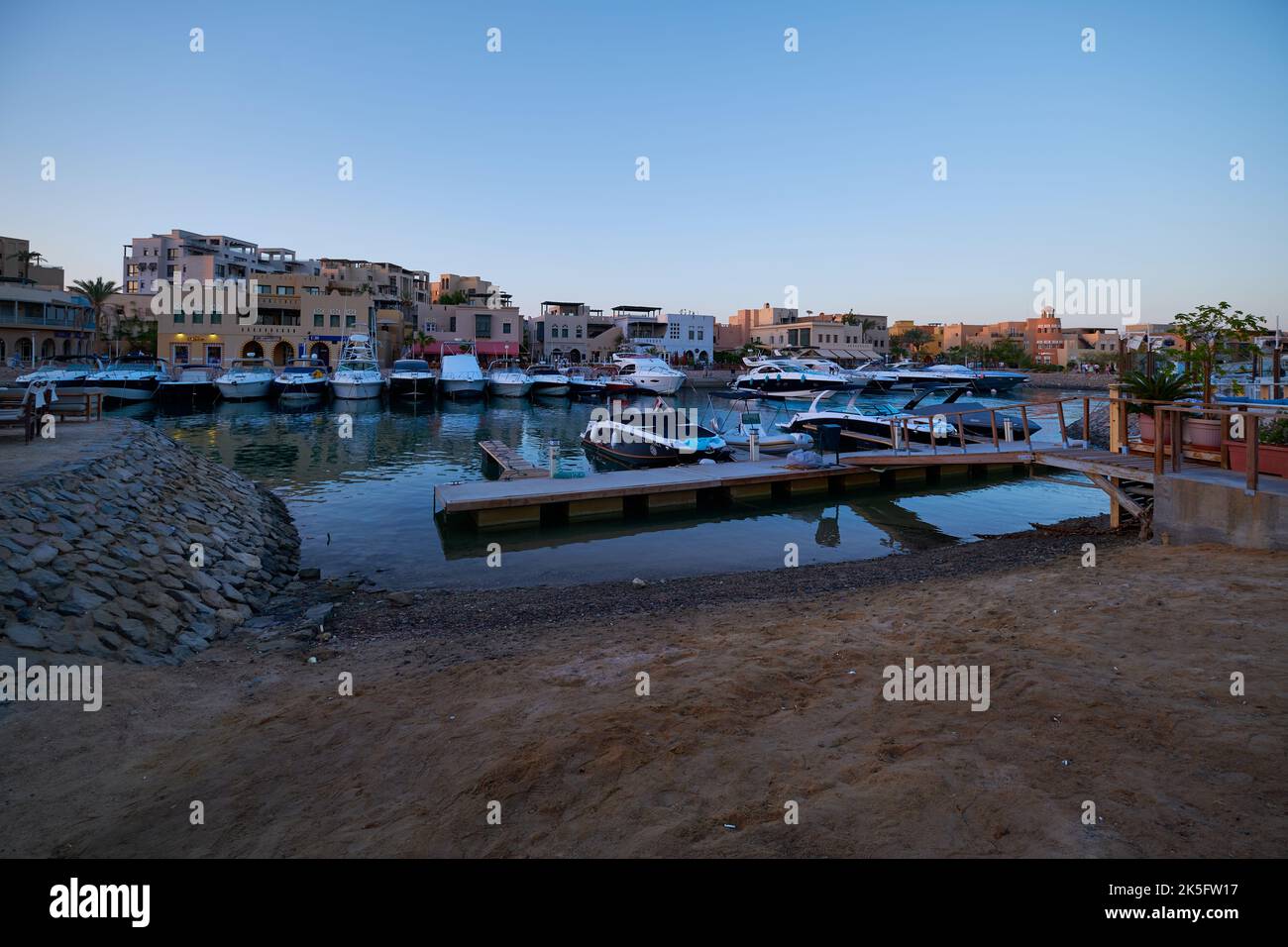 Abu Tig Marina in El Gouna, Hurghada, Red Sea Governorate, Egypt sunset view showing luxury yachts. Stock Photo