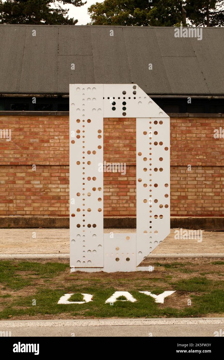 D Day monument at Bletchley Park, in the form of a punch card. Stock Photo