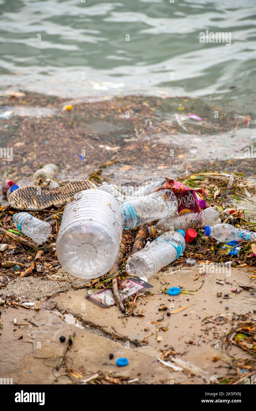 flotsam and jetsam, rubbish, environment, plastics, washed up, pollution, seashore, tideline, global warming, climate change. Stock Photo