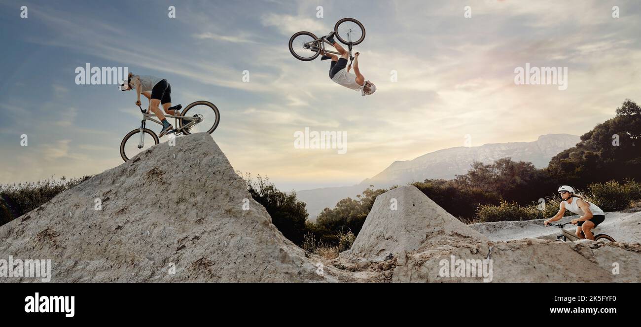 Bmx cyclist, fitness or stunt jump air performance on Australian track or nature park trail in cycling exercise or training. Extreme sports, danger Stock Photo