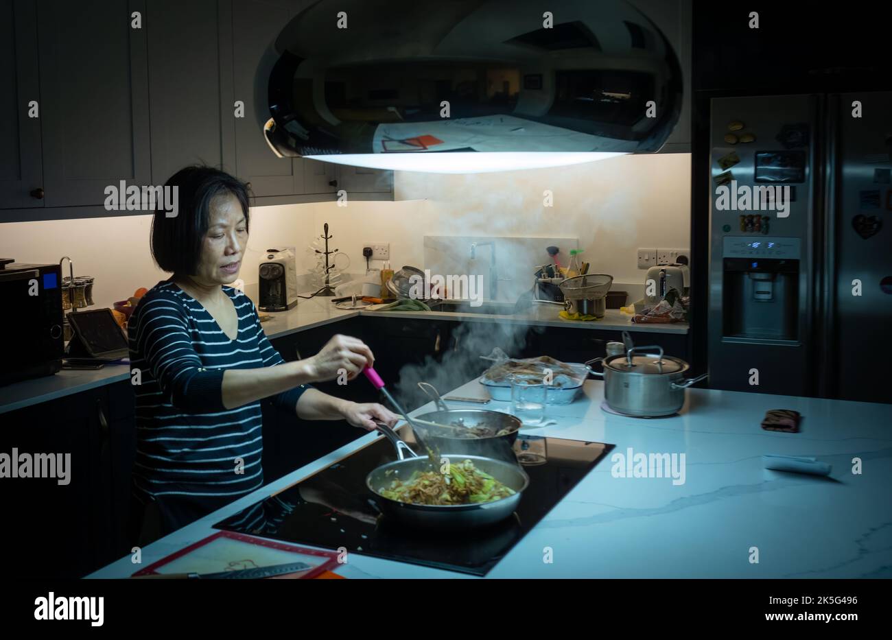 An Asian woman from Vietnam cooks a stir fry meal in her modern kitchen in Billingshurst, West Sussex, UK. Stock Photo