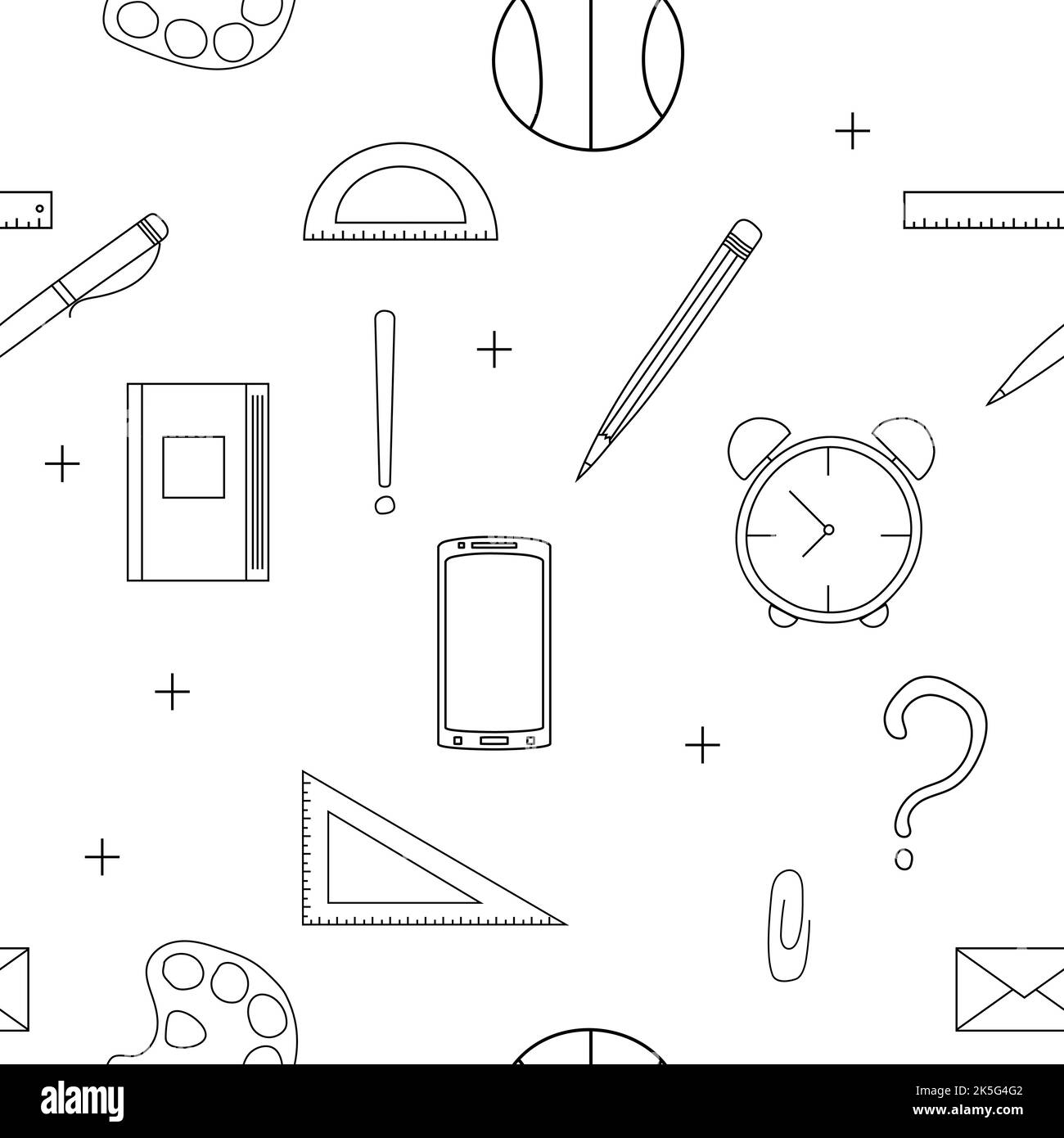Doodle hand drawn seamless pattern on a school theme. White background with icon set school accessories on the theme of "back to school". Vector illus Stock Vector