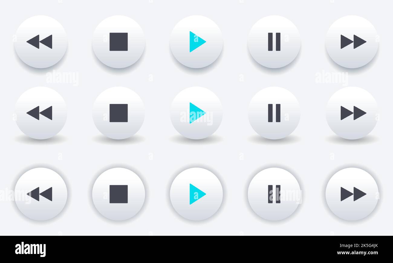 Media player icons set. Buttons for controlling a video or music audio  player. White volumetric 3d isolated buttons pack. Play, stop, pause, next,  rew Stock Vector Image & Art - Alamy