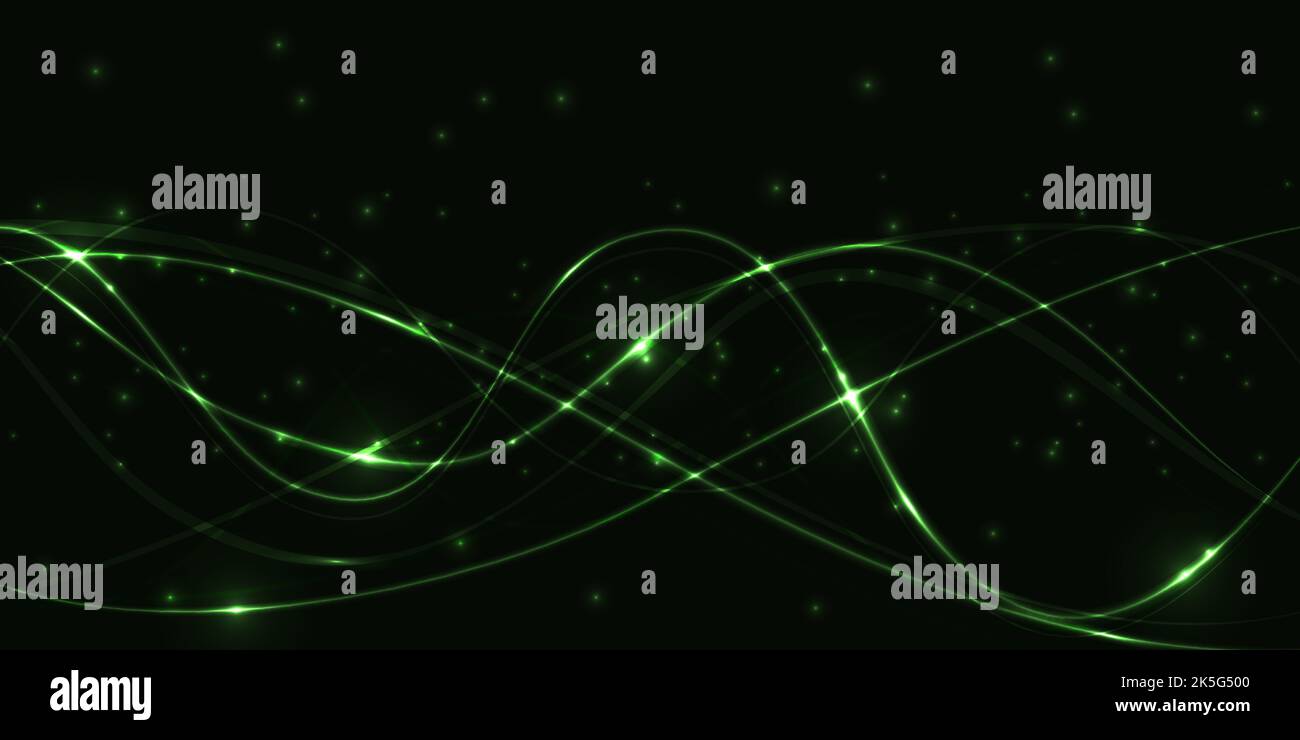 Dark abstract background with green translucent luminous lines and ...