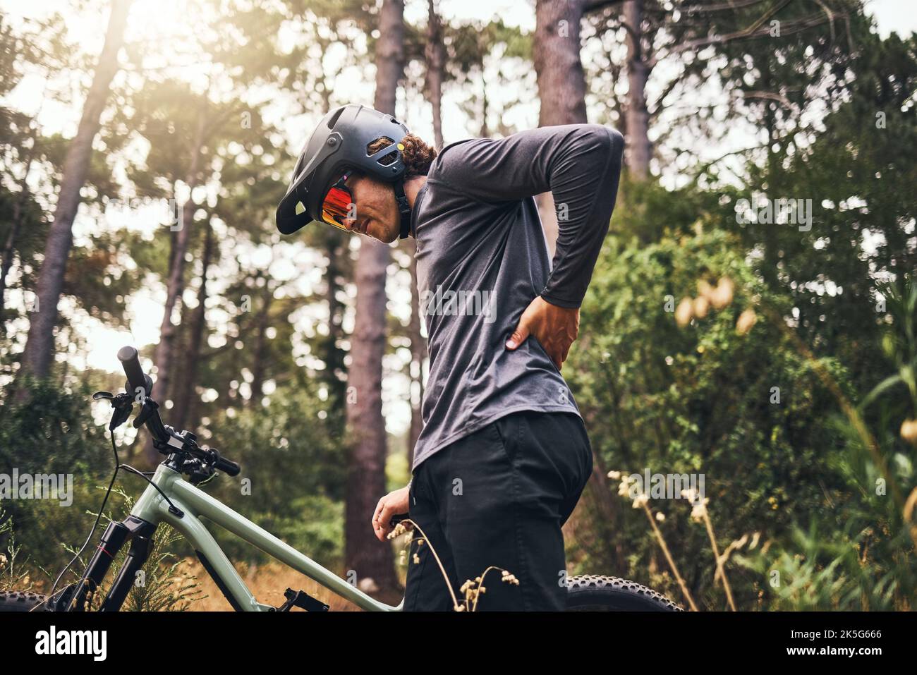 Bicycle, back pain injury and man in forest cycling for fitness, outdoor travel or sports wellness with nature lens flare. Marathon sport person Stock Photo