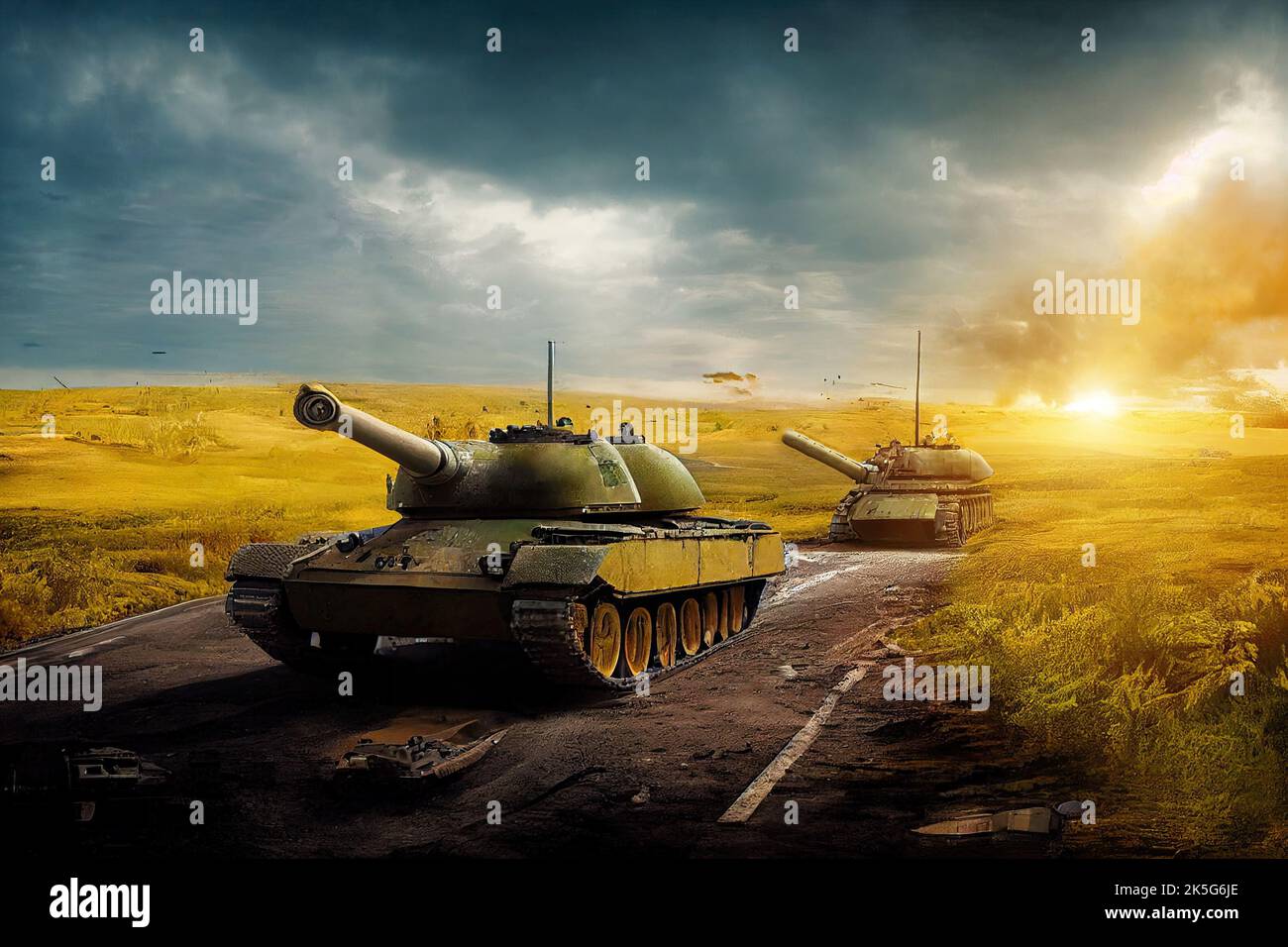 War tanks of the Ukraine army at sunset on a the road on a wheat ears