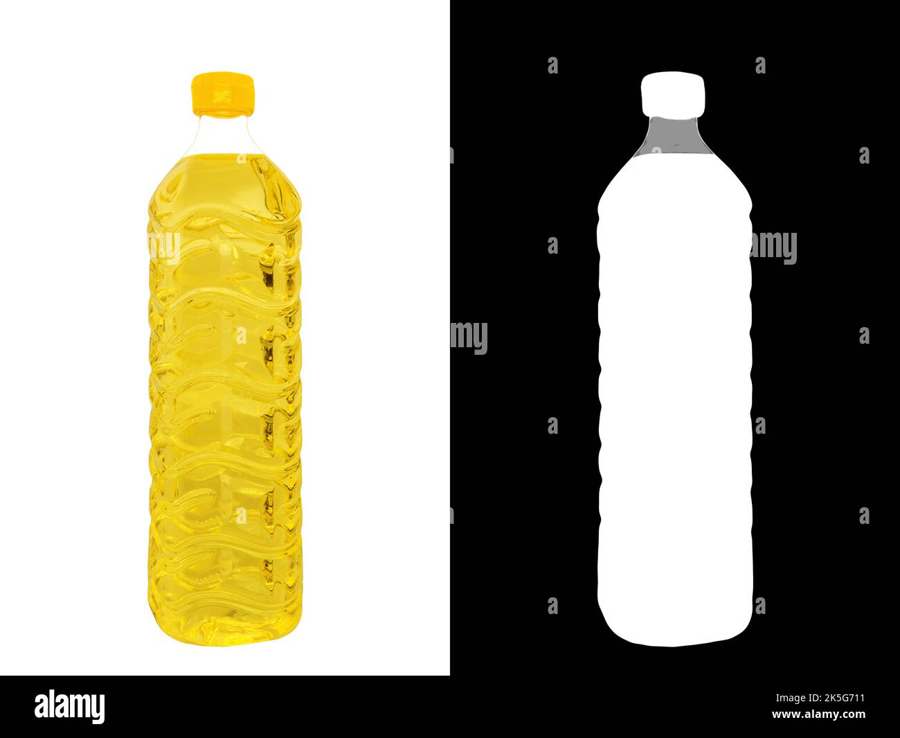 A plastic bottle of sunflower oil, an oil of vegetable origin that is extracted from the pressing of the seeds of the sunflower plant, isolated on whi Stock Photo