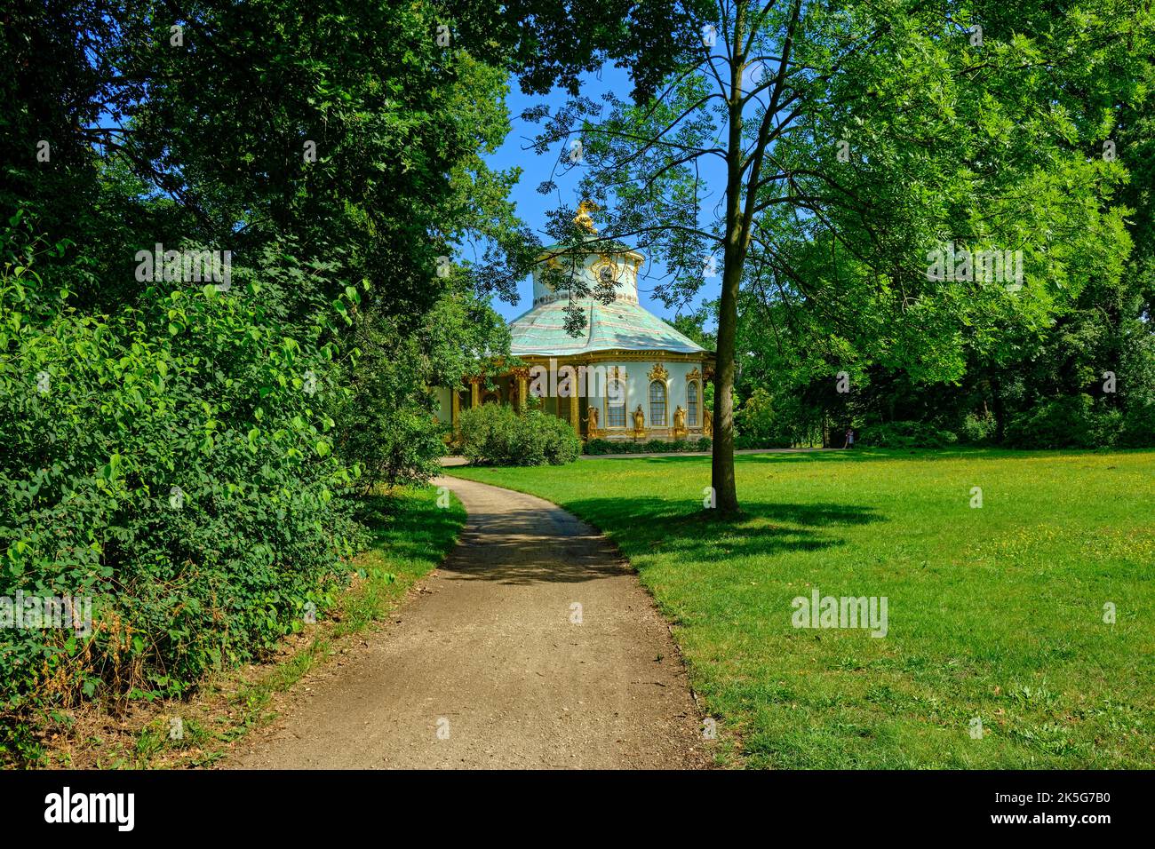 Garden Pavilion Chinesisches Haus (Chinese House), a Rococo edifice in the Chinoiserie style, Sanssouci Park, Potsdam, Brandenburg, Germany. Stock Photo