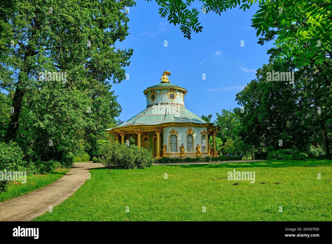 Garden Pavilion Chinesisches Haus (Chinese House), a Rococo edifice in the Chinoiserie style, Sanssouci Park, Potsdam, Brandenburg, Germany. Stock Photo