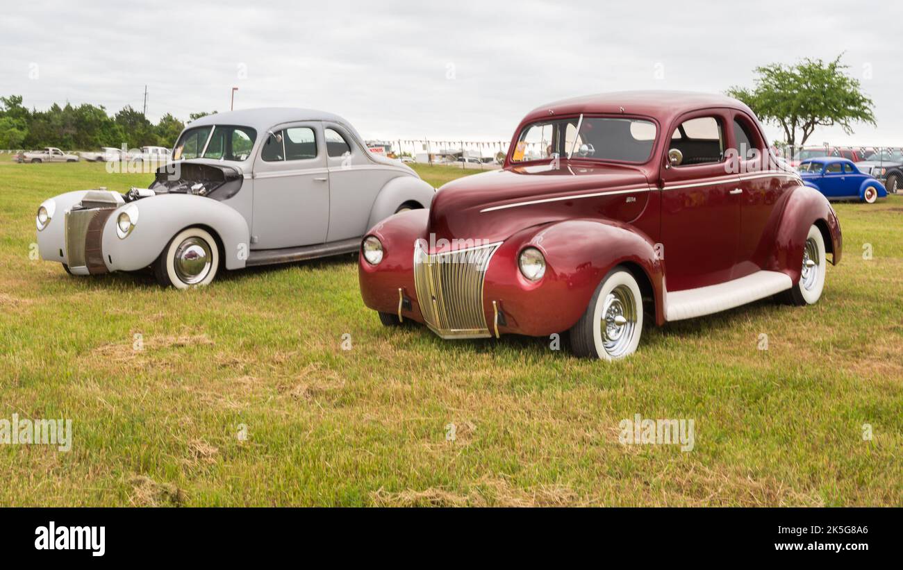 AUSTIN, TX/USA - April 17, 2015: Two Ford Coupe cars, 1939 and 1940), Lonestar Round Up car show. Stock Photo