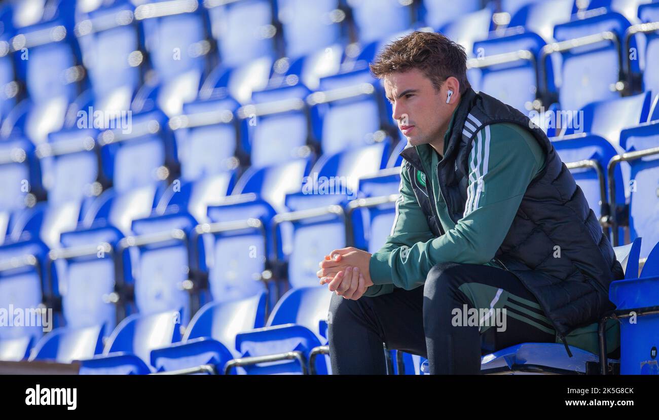 McDiarmid Park, Perth, UK. 8th Oct, 2022. Scottish premier league football, St Johnstone versus Celtic: Matt ORiley of Celtic sits in one of the seats in the stand Credit: Action Plus Sports/Alamy Live News Stock Photo