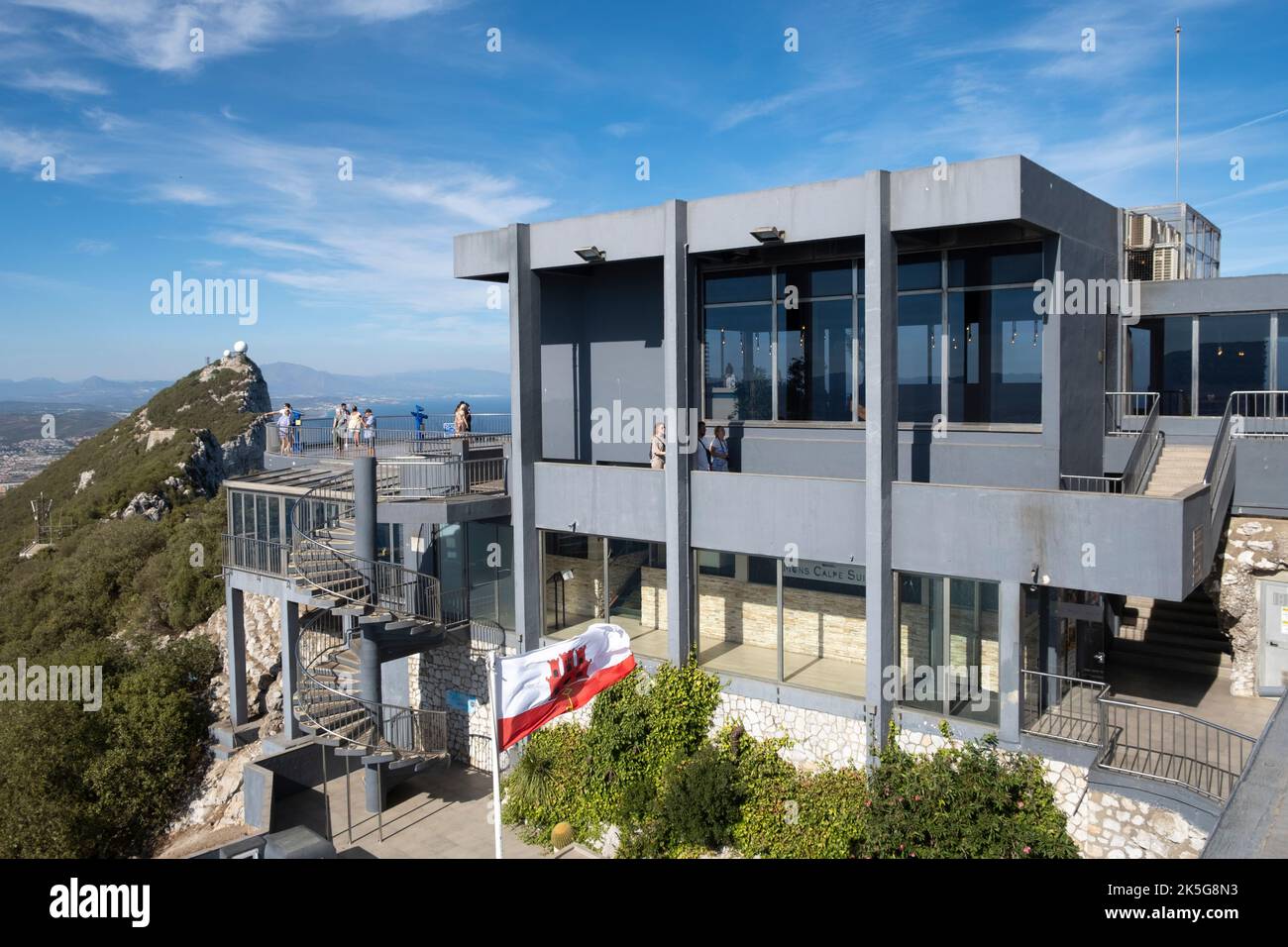 Gibraltar. 5th September 2022. The Cable Car top station on the Upper Rock Nature Reserve at Gibraltar, against a blue sky. Stock Photo