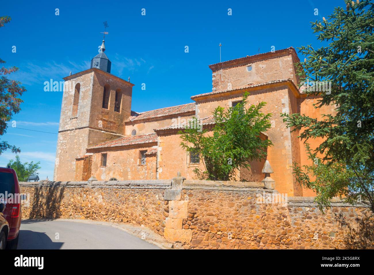 Facade of the church. Fresno de Cantespino, Segovia province, Castilla Leon, Spain. Stock Photo