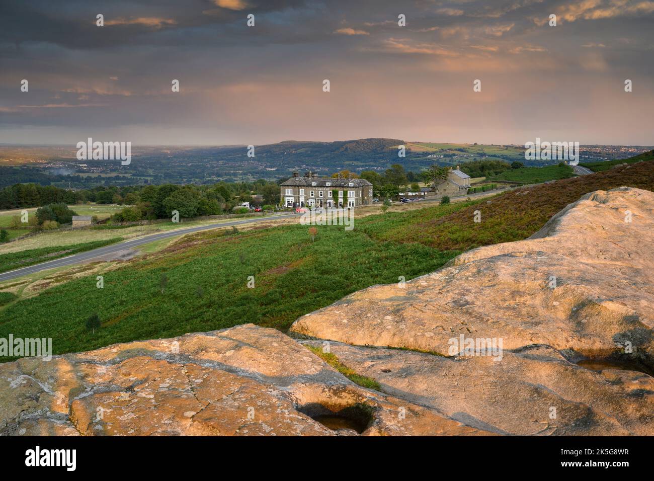 The Cow & Calf Hotel & Rocks (inn on high picturesque hill, moorland crag, bracken, purple