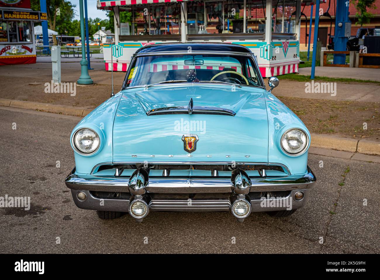 Falcon Heights, MN - June 19, 2022: High perspective front view of a 1953 Mercury Monterey Hardtop Coupe at a local car show. Stock Photo