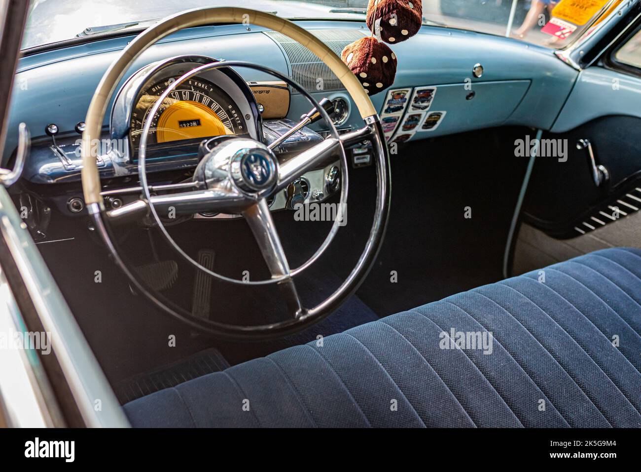 Falcon Heights, MN - June 19, 2022: High perspective detail interior view of a 1953 Mercury Monterey Hardtop Coupe at a local car show. Stock Photo
