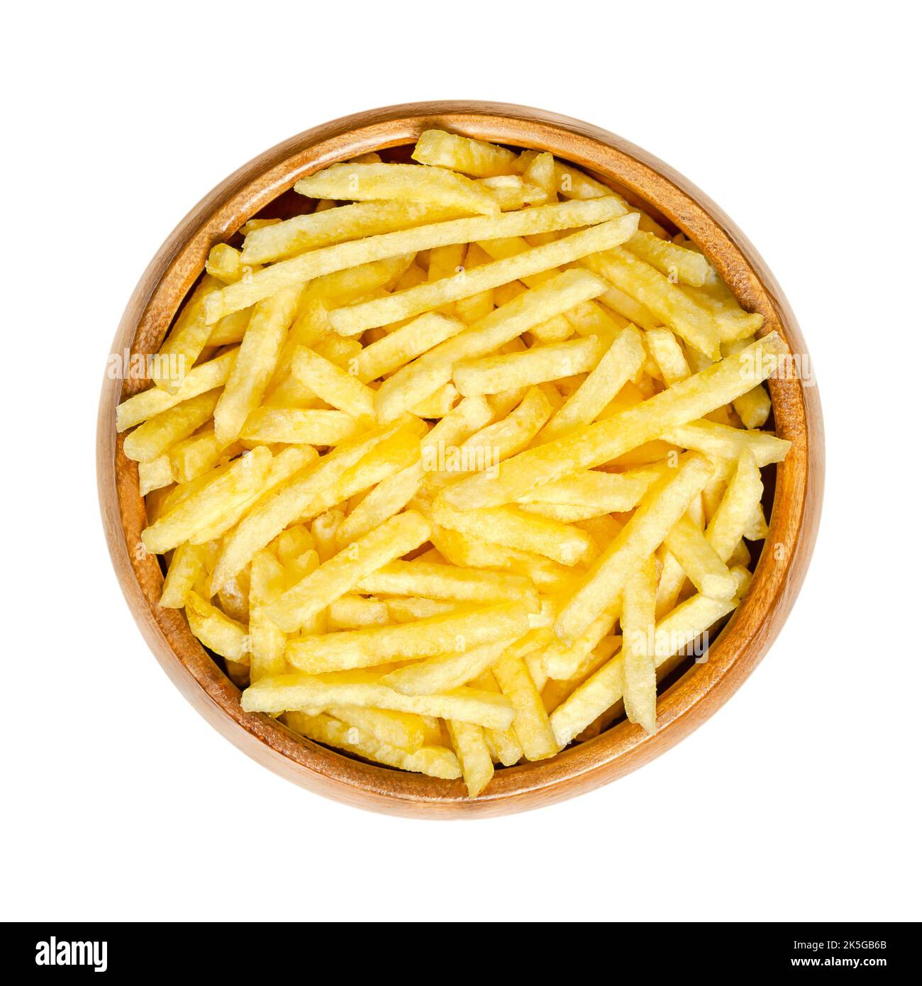 Salted potato sticks in wooden bowl. Also called shoestring potatoes