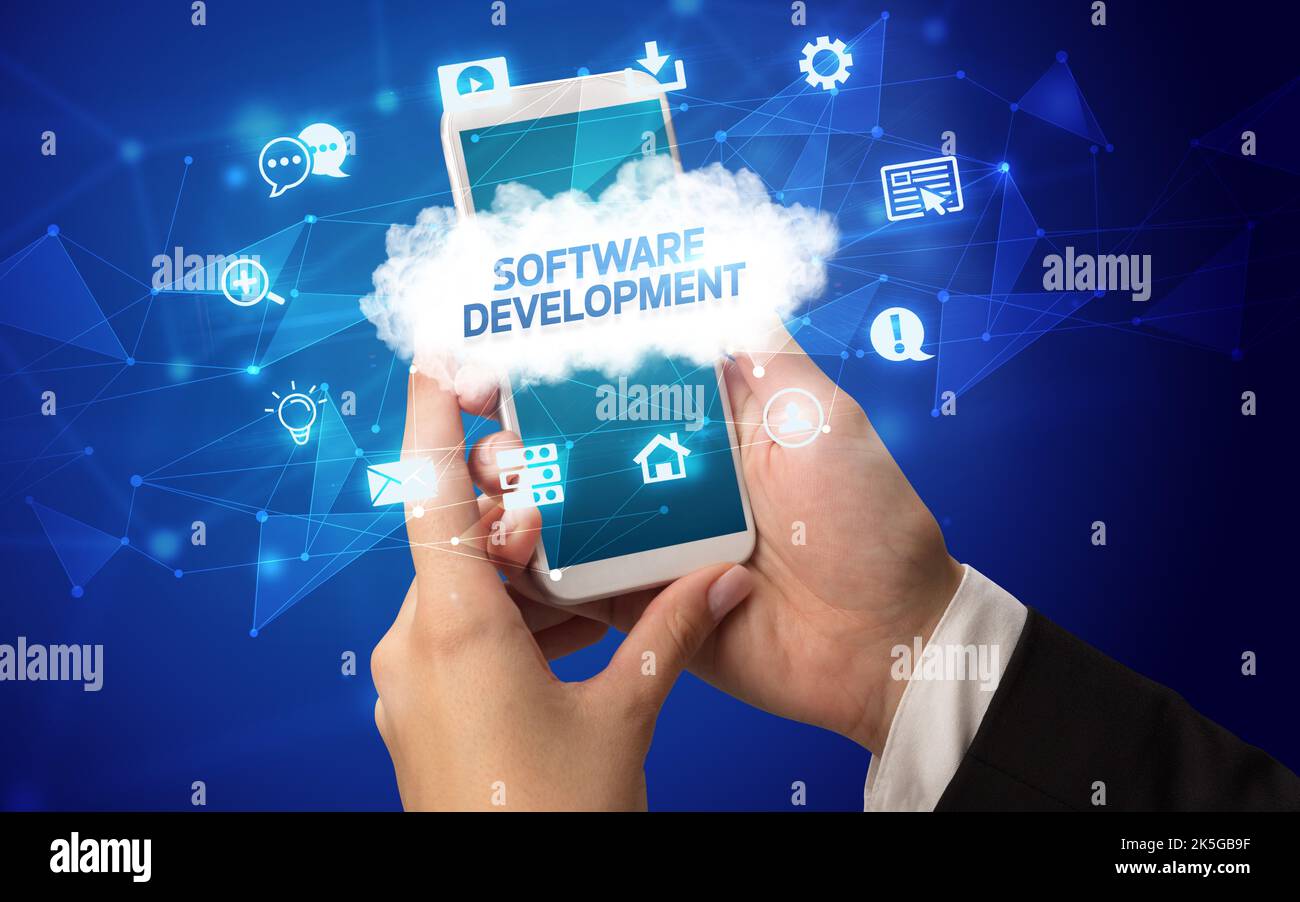 Hand using smartphone with cloud technology concept Stock Photo - Alamy