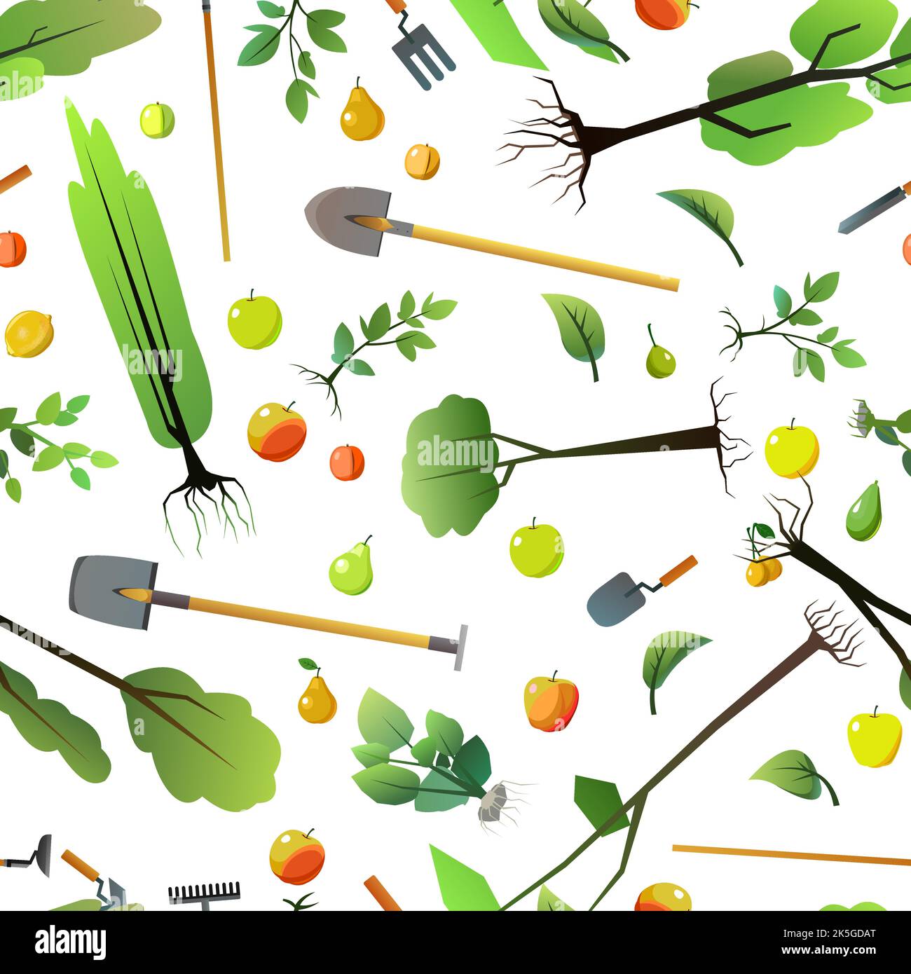 Seedlings of young trees with roots and garden tools. Garden plants. Fruit plantings. Isolated on white background. Seamless pattern. Vector Stock Vector