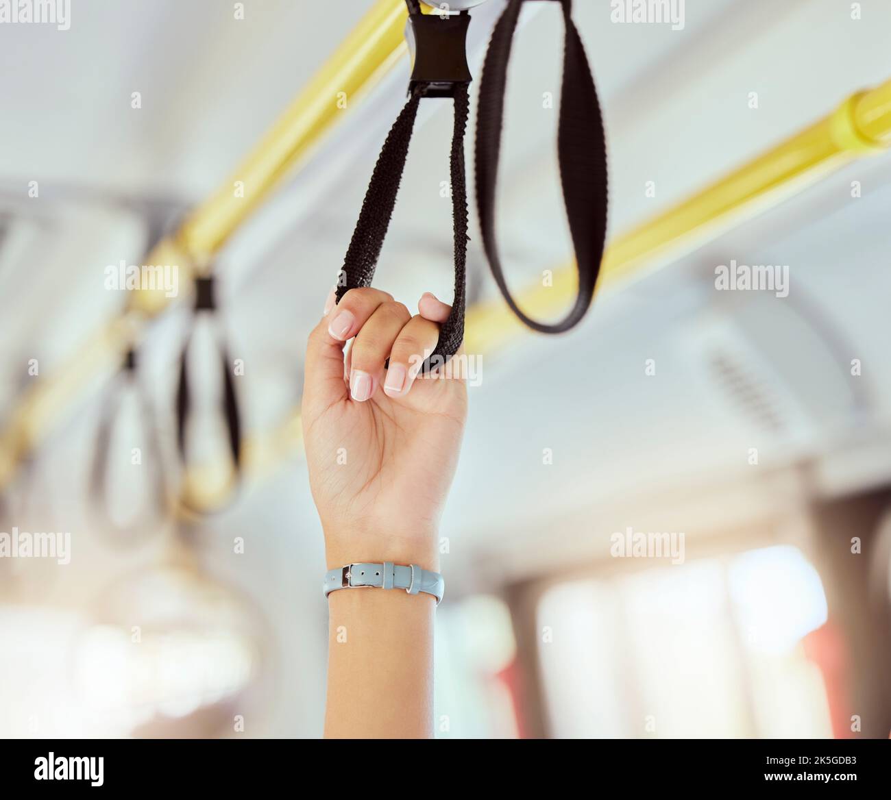 Public transport hands, safety handle and railing loop on bus, train
