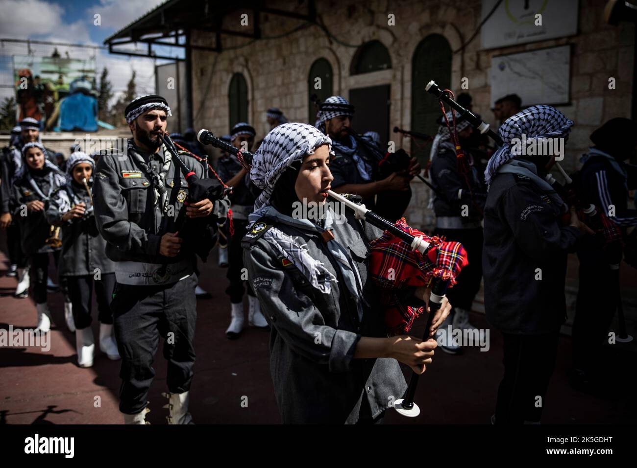 Jerusalem, Israel. 08th Oct, 2022. Palestinian scouts play their musical instruments during a parade organized to mark 'Mawlid', the birthday of Islam's Prophet Muhammad. Credit: Ilia Yefimovich/dpa/Alamy Live News Stock Photo