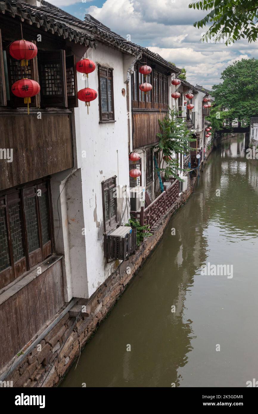Suzhou, Jiangsu, China.  Old Houses Line Shantang Canal, a Popular Tourist Destination. Stock Photo