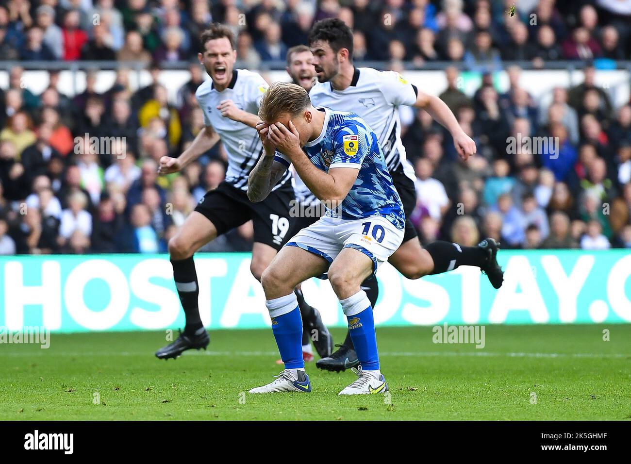 Tom Conlon of Port Vale reacts after missing a penalty during the Sky Bet League 1 match between Derby County and Port Vale at the Pride Park, Derby on Saturday 8th October 2022. (Credit: Jon Hobley | MI News ) Credit: MI News & Sport /Alamy Live News Stock Photo