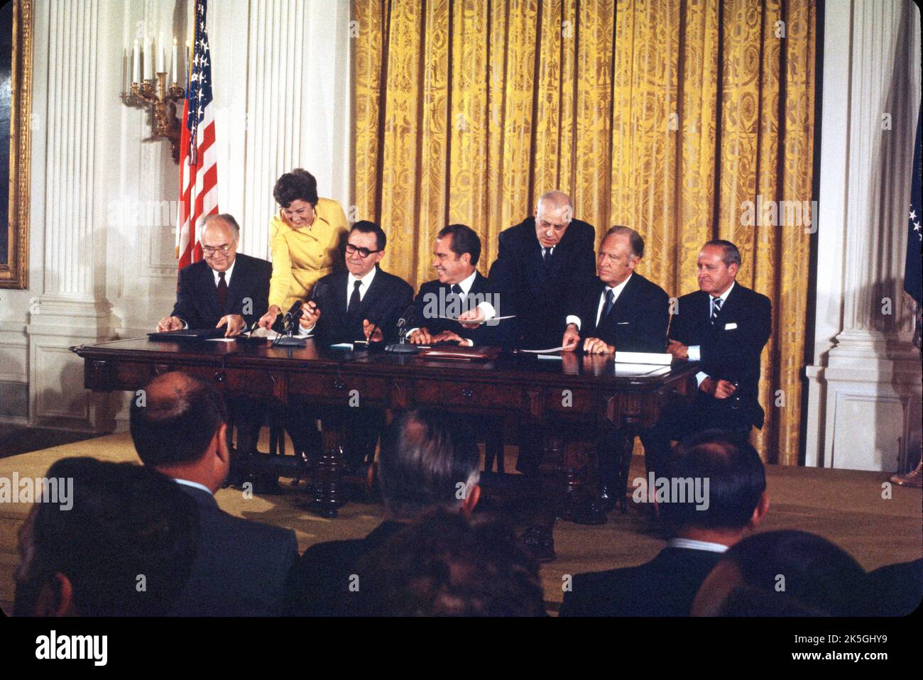 United States President Richard M. Nixon, center, looks on during a signing ceremony for the instruments of ratification of the SALT agreements between the Union of Soviet Socialist Republics (USSR) and the United States in the East Room of the White House in Washington, DC on October 3, 1972. Pictured from left to right: Soviet Ambassador Anatoly F. Dobrynin, Soviet Foreign Minister Andrei Gromyko, President Nixon, US Secretary of State William P. Rogers and US SALT negotiator Gerard C. Smith. The agreements intend to restrain the growth of the nuclear arsenals of both nations. Credit: Arnie Stock Photo