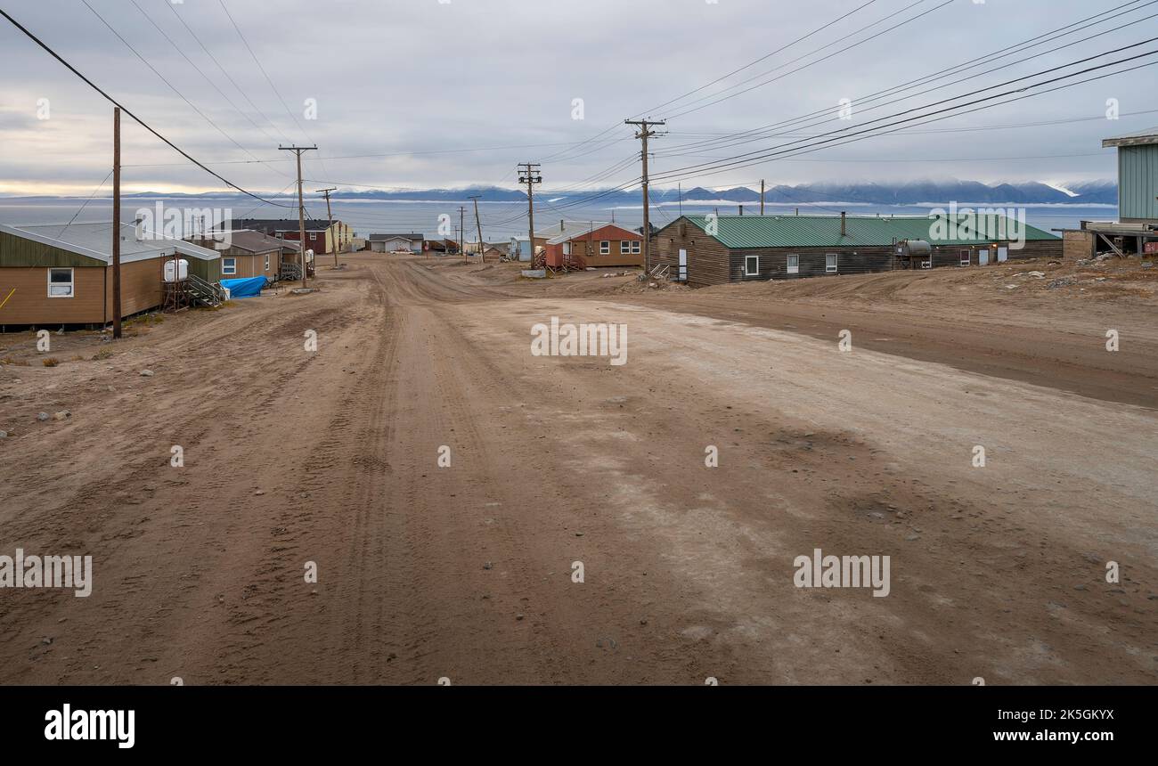 Streetscape of houses overlooking the Arctic Ocean at Pond Inlet