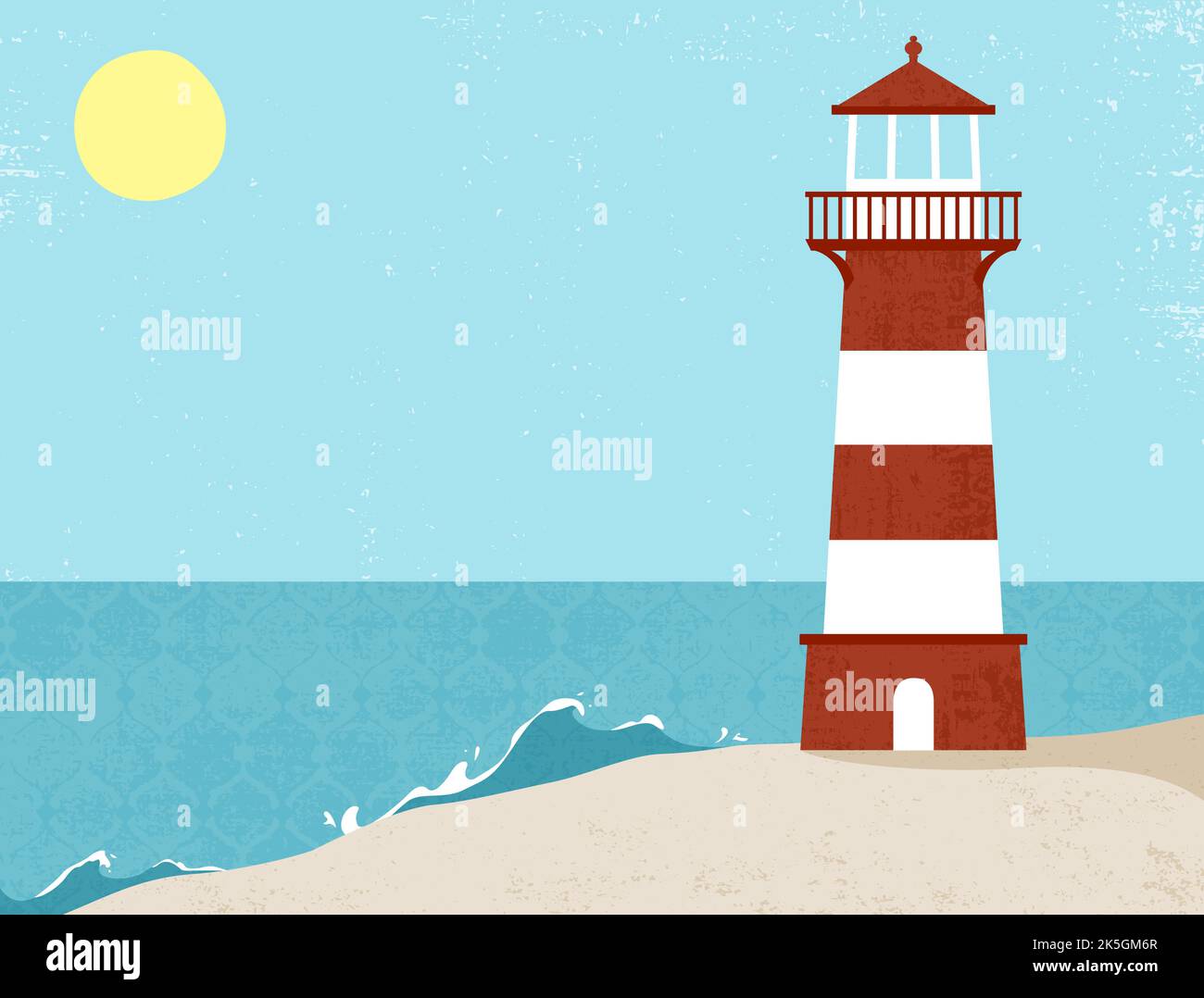 A lighthouse on the sand on a sunny day, in a cut paper style with textures Stock Vector