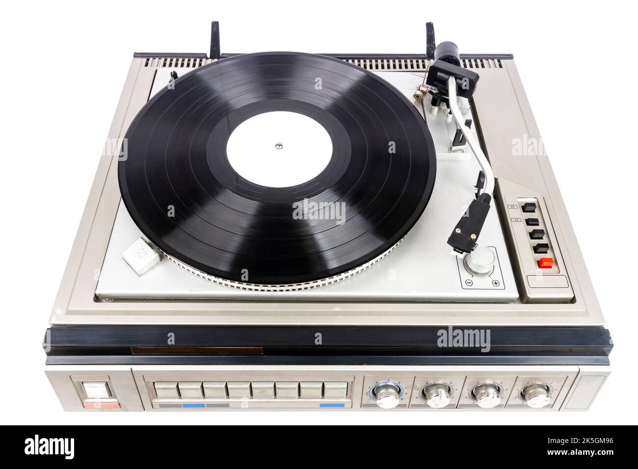 Vintage turntable record player with black vinyl isolated on white ...