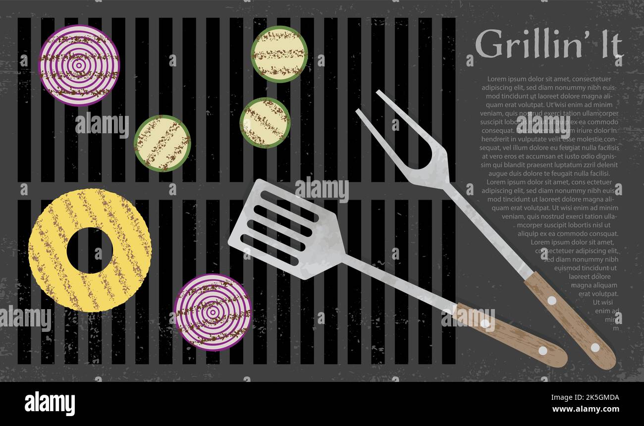 A set of grilling tools and grilled fruit and vegetables, in a cut paper style with textures Stock Vector