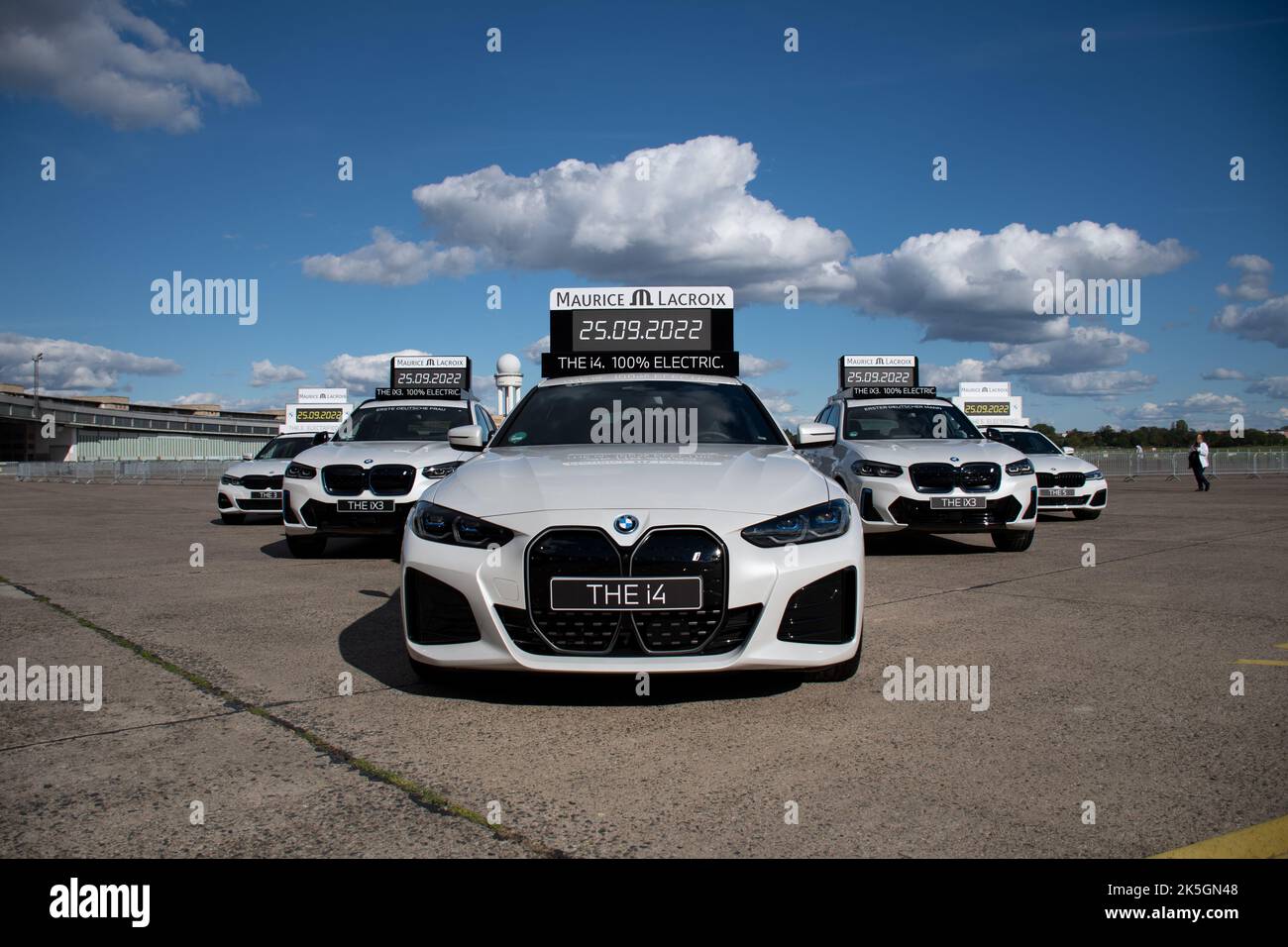 shot of BMW timing cars for the Berlin Marathon 2022 at Tempelhof Airport, Berlin, Germany Stock Photo