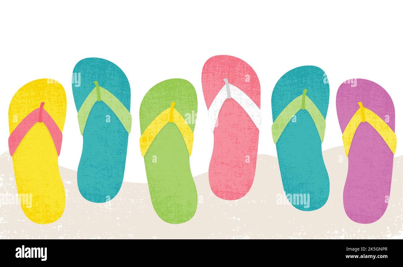 A row of colorful random flip flops, in a cut paper style with textures Stock Vector