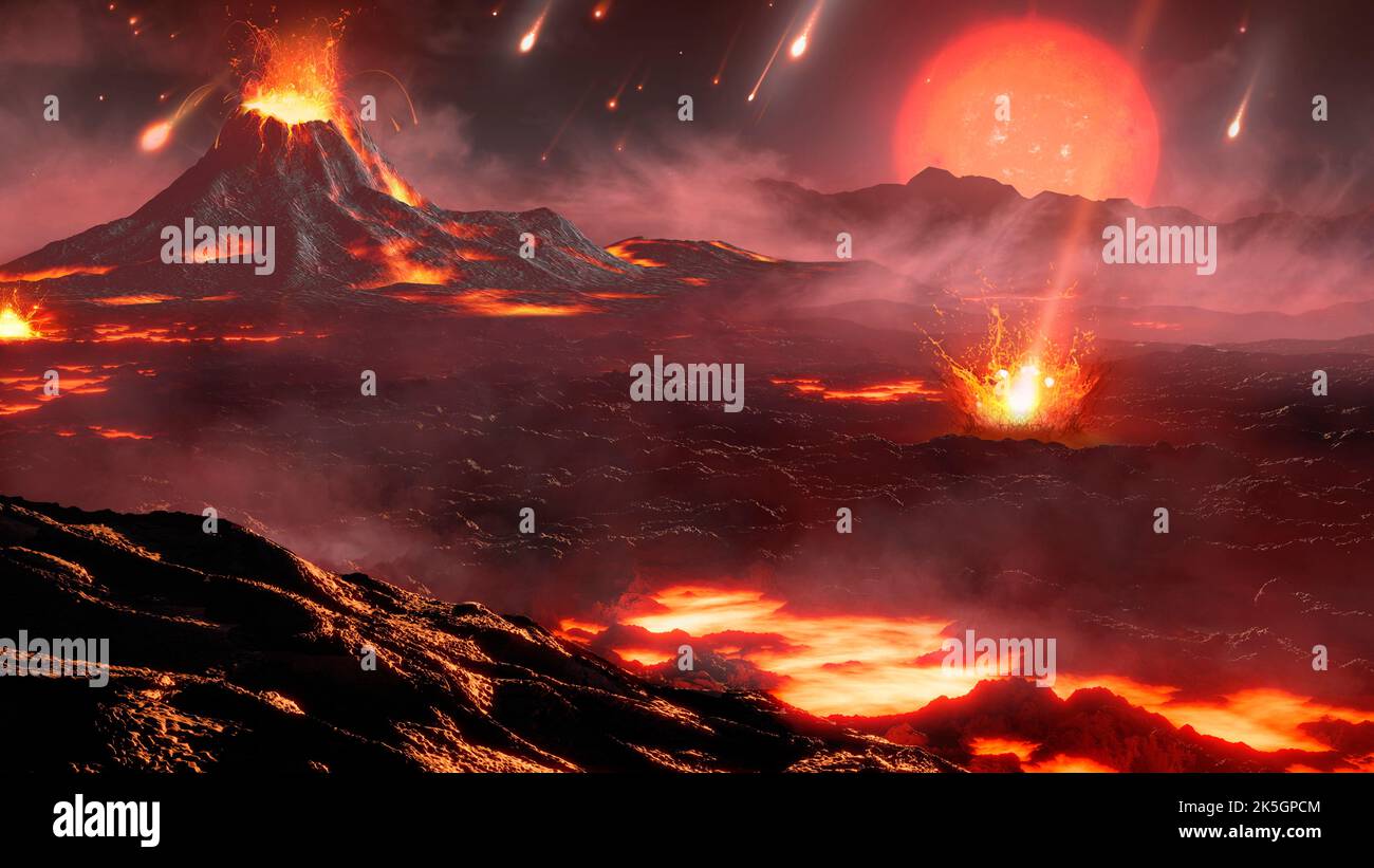 Lustration of a young terrestrial exoplanet around an M-dwarf star under intense asteroidal bombardment. Created for an Oxford University press release. Stock Photo