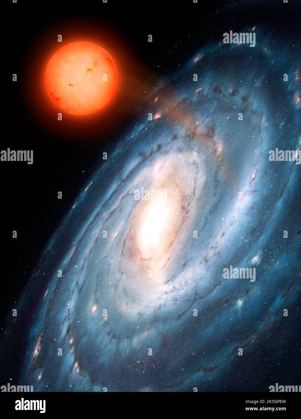 This shows a hypothetical spiral galaxy seen from an oblique angle. A red dwarf star has been ejected by the galaxy at high speeds and will wander the void between galaxies. Such objects are known as free-floating stars. Stock Photo